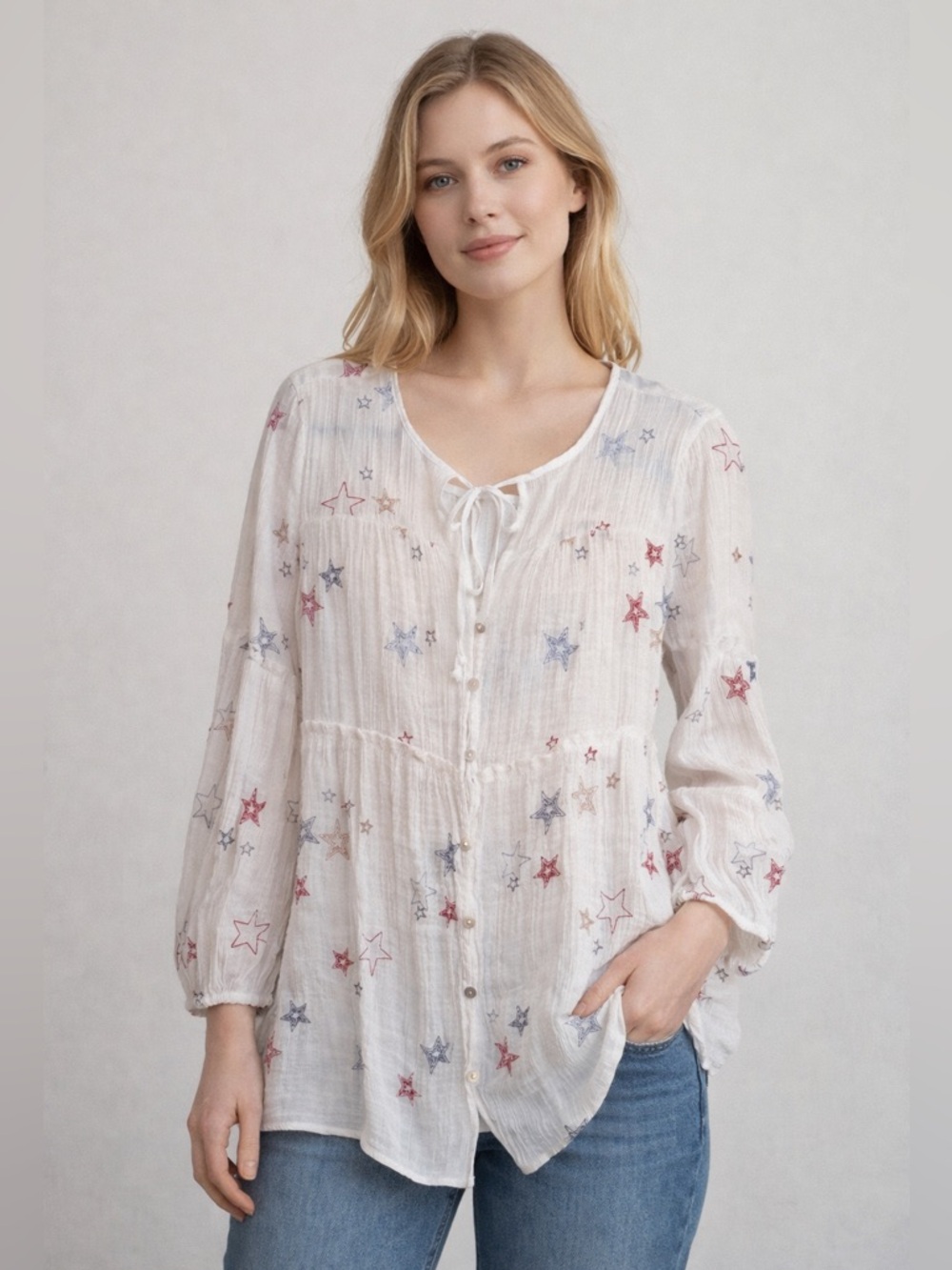 Hope Springs White Star-Embroidered Peasant Tunic - Women's Top